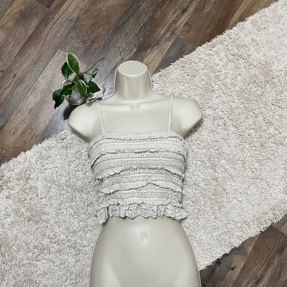 Surf Gypsy Medium Beige Coastal Crochet Ruffle Tiered Cropped Cami Tank Top